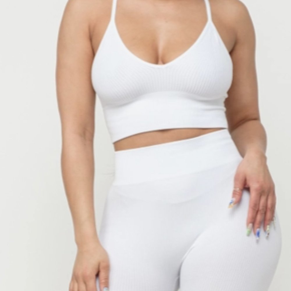 White Bodycon V Crop Top Biker Shorts Set